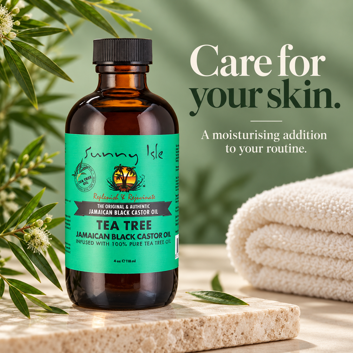 A bottle of Sunny Isle Tea Tree Jamaican Black Castor Oil stands on a stone slab beside a folded beige towel, with green leaves and text reading 'Care for your skin.' in the background.