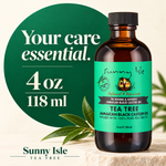 A 4 oz amber glass bottle of Sunny Isle Tea Tree Jamaican Black Castor Oil with a black cap and bright green label, displayed on a stone surface with green leaves. A large green circle on the left reads 'Your care essential.