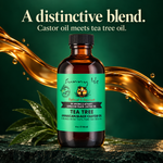 A 4 oz amber glass bottle of Sunny Isle Tea Tree Jamaican Black Castor Oil, featuring a bright green label and black cap, set against a dark green background with stylized gold liquid waves and a green leaf.