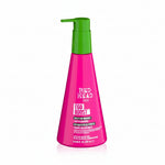 Pink bottle with green pump of Bed Head Ego Boost hair product on a white background