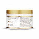 Jar of hair care product with gold lid and white label on a white background