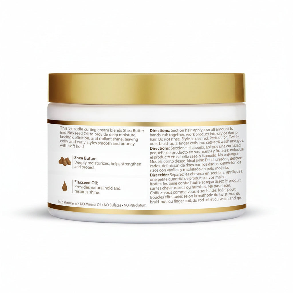 Jar of hair care product with gold lid and white label on a white background