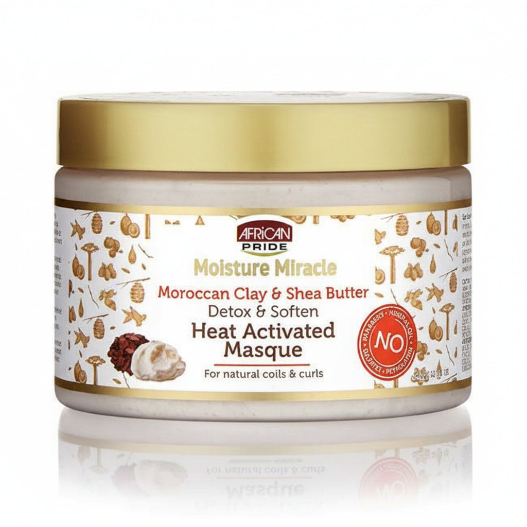 Jar of African Pride Moisture Miracle Moroccan Clay & Shea Butter Heat Activated Masque on a white background