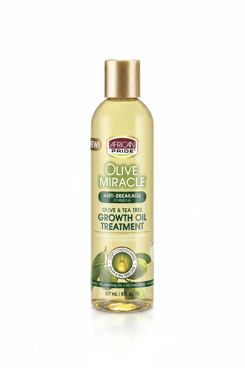 African Pride Olive Miracle Growth Oil Treatment bottle on a white background