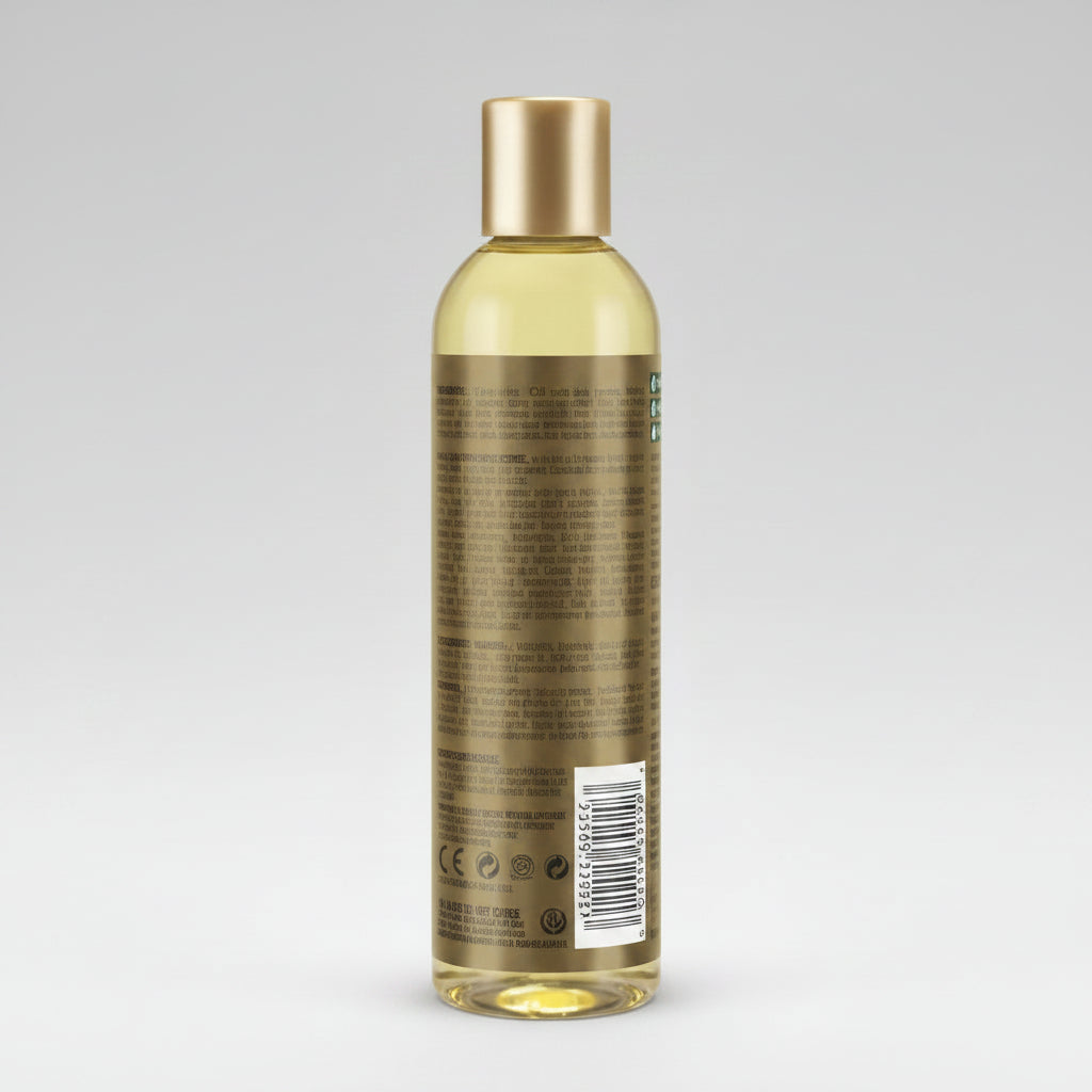Bottle of shampoo with a gold cap on a white background
