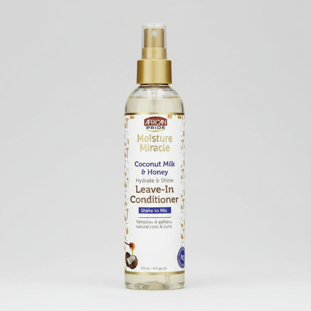 Leave-in conditioner bottle with coconut milk and honey ingredients on a white background