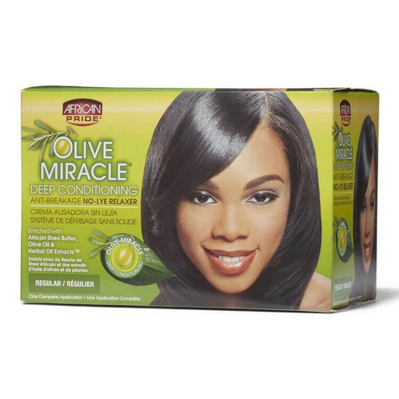 African Pride Olive Miracle deep conditioning hair product packaging on a white background