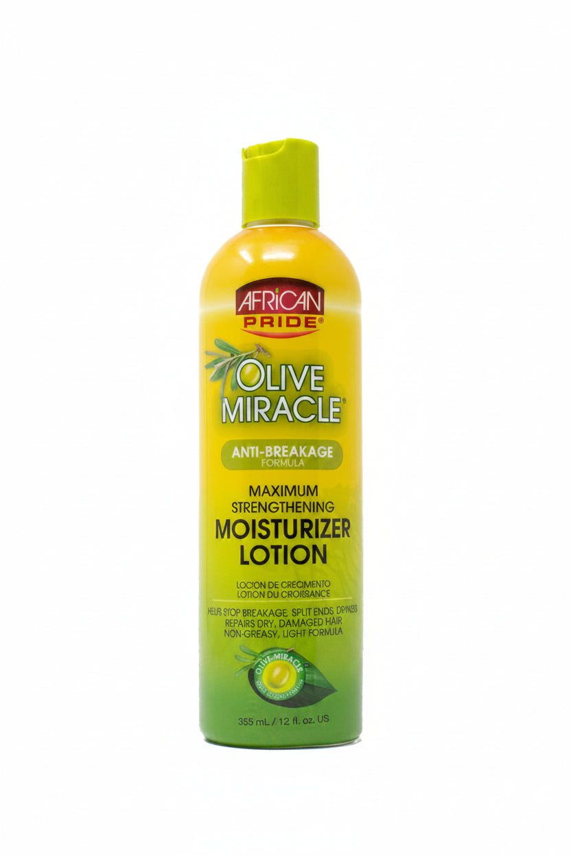 African Pride Olive Miracle moisturizer lotion bottle on a white background