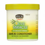 African Pride Olive Miracle leave-in conditioner jar with yellow lid and label.