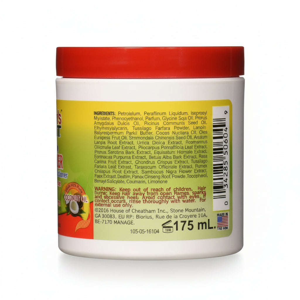 Back view of a hair care product jar with ingredients list and branding details.
