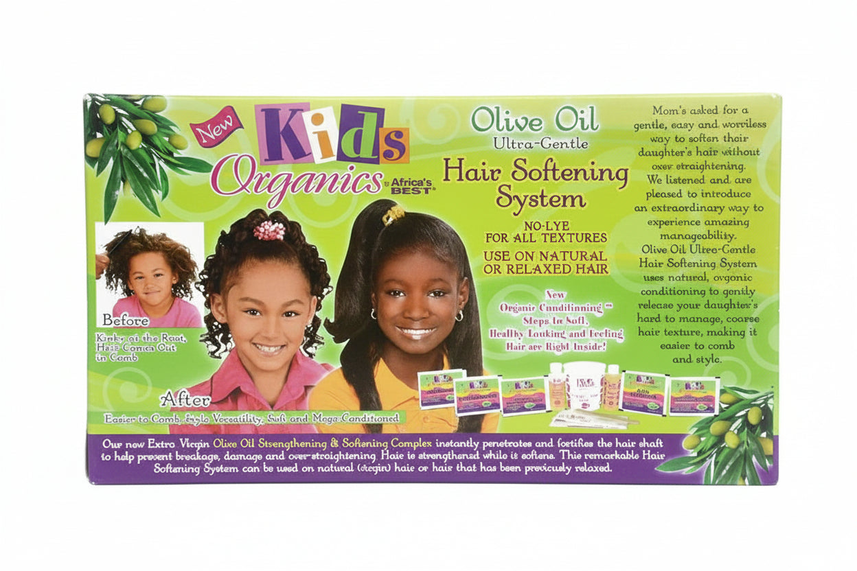 African Best Kids Organics Olive Oil Ultra-Gentle Hair Softening System packaging with images of children and product details.