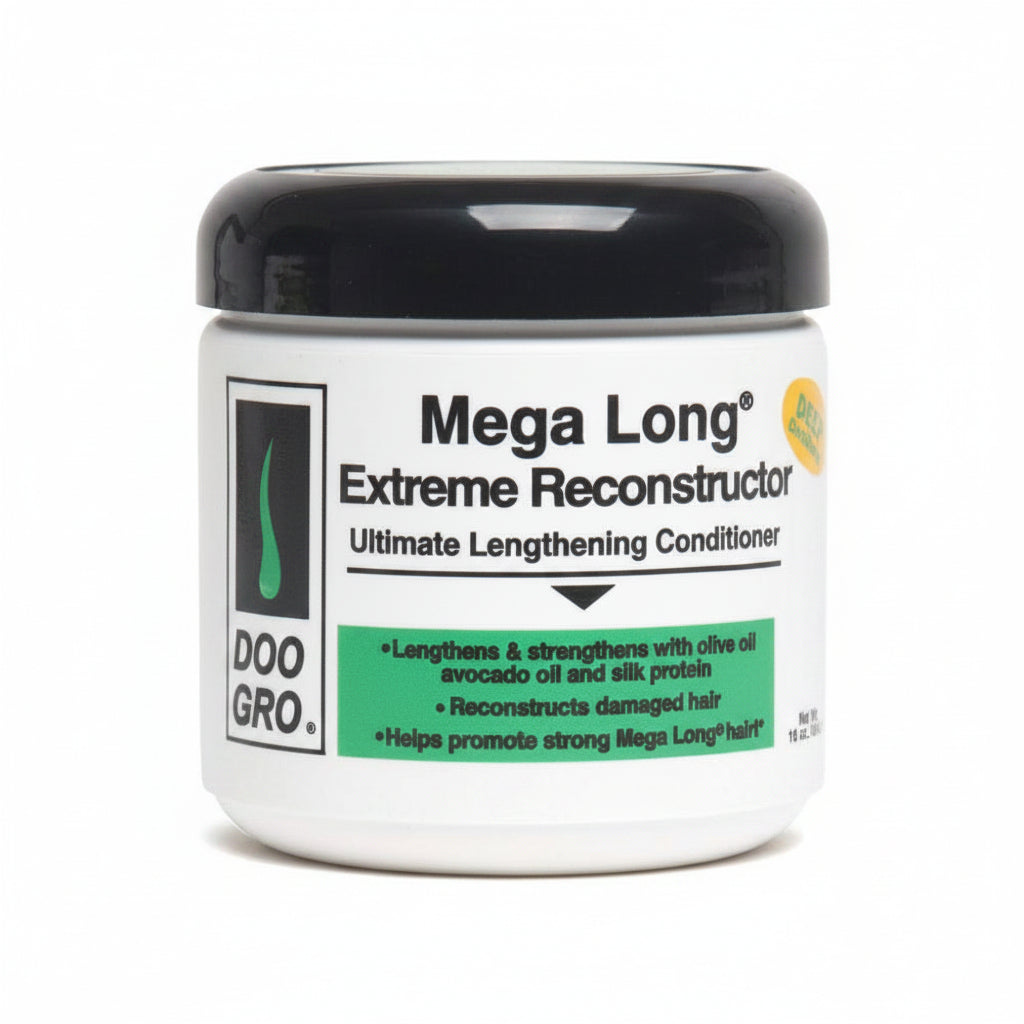 Jar of Mega Long Extreme Reconstructor hair conditioner with black lid on a white background