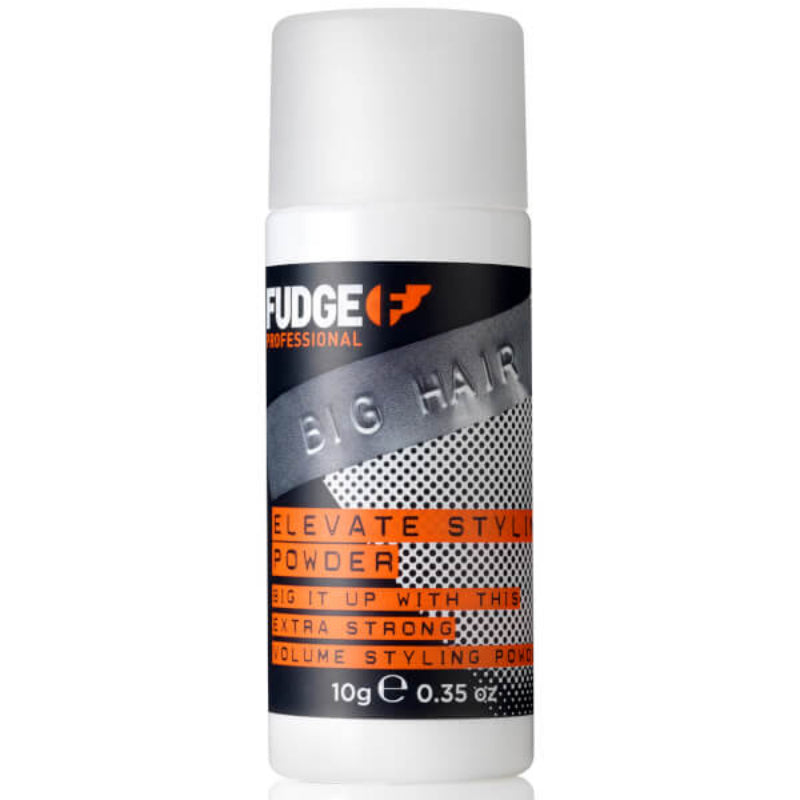 A bottle of Fudge Elevate Styling Powder, which is a hair styling product.
