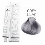 Schwarzkopf Igora Royal hair color with a sample of grey lilac hair on a white background