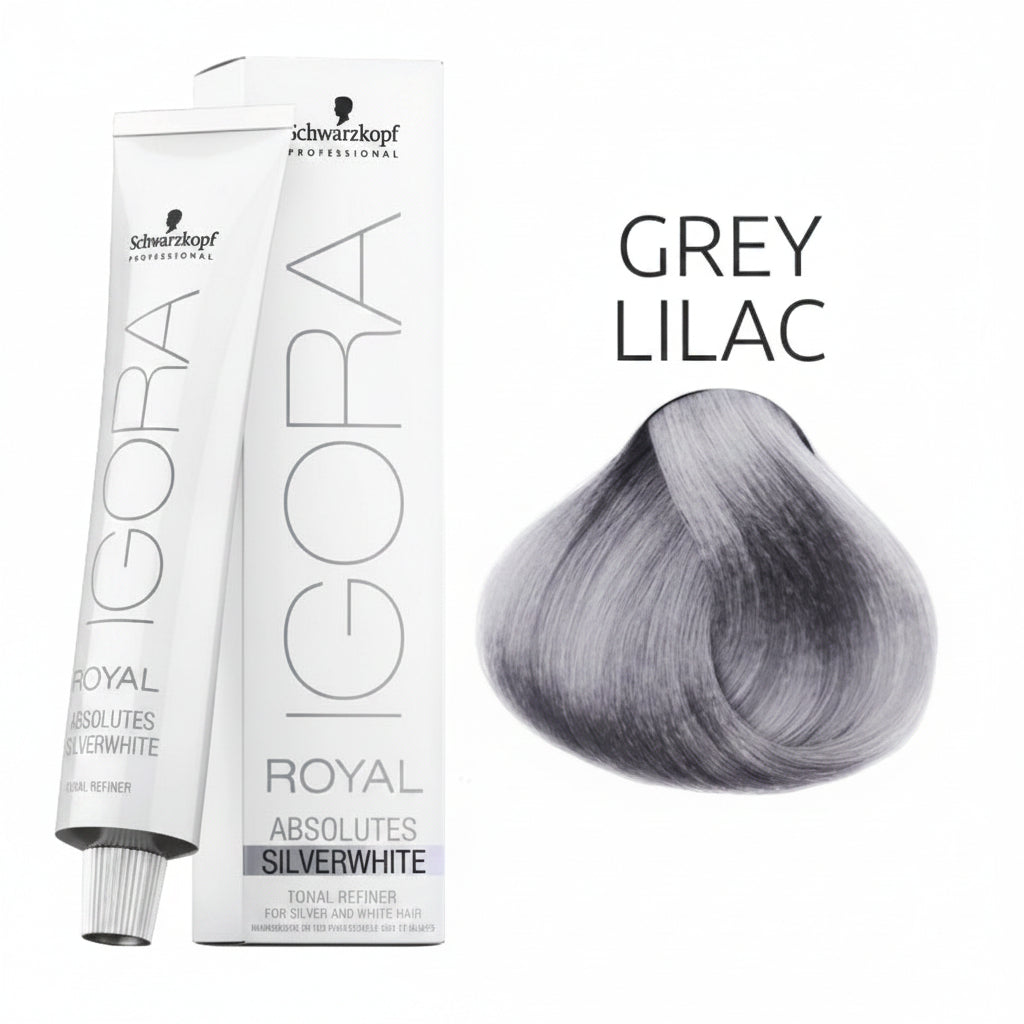 Schwarzkopf Igora Royal hair color with a sample of grey lilac hair on a white background