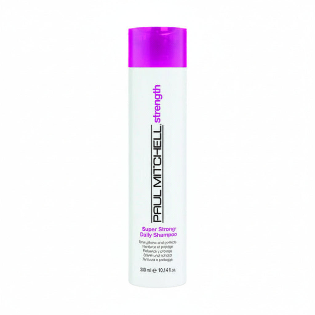 Shampoo bottle with purple cap and label on a white background